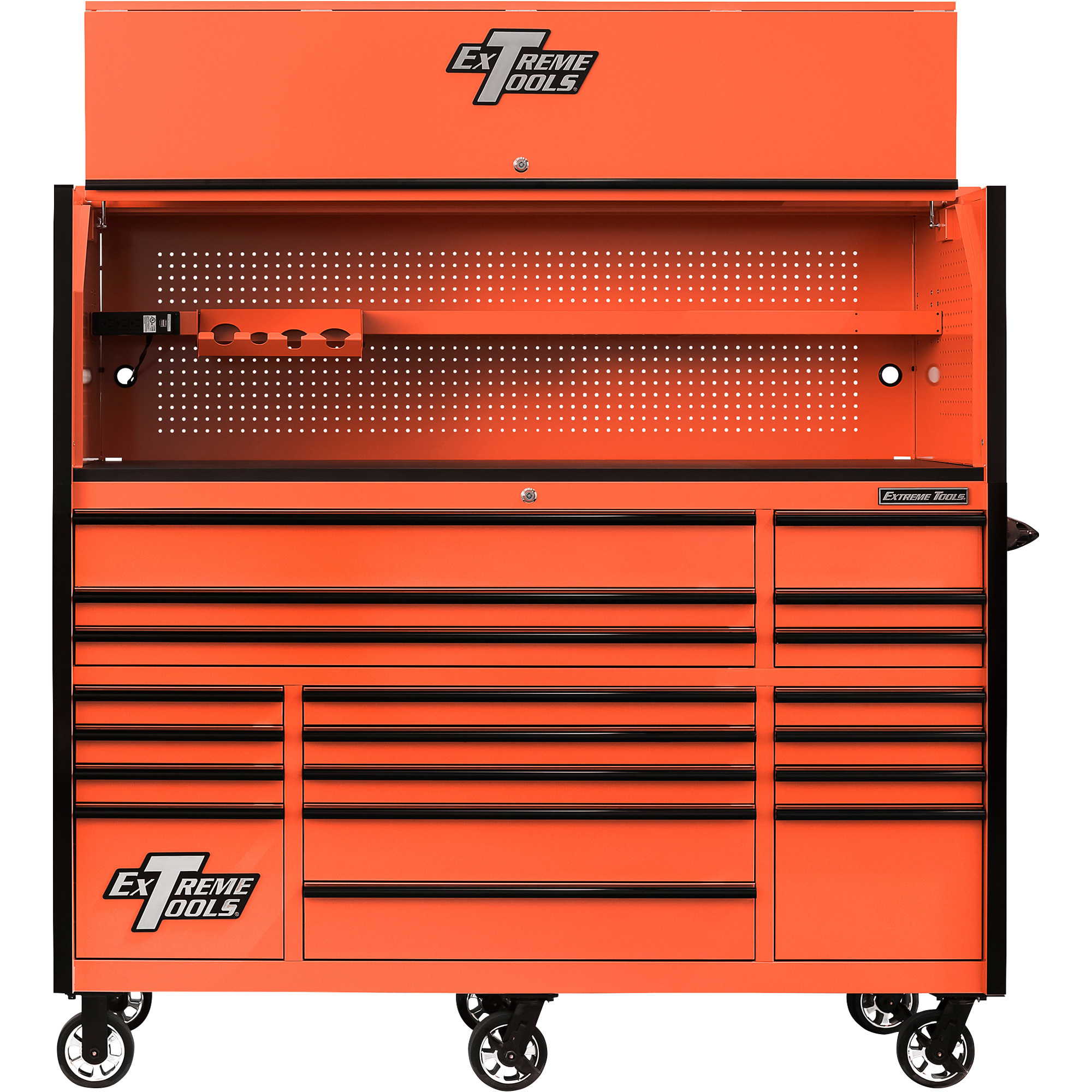 Extreme Tools Professional Hutch and 19-Drawer Roller Cabinet Combo - 72in.W, 250-Lb. Capacity, Heavy-Duty Steel, Orange/Black, Model# RX723020HROK